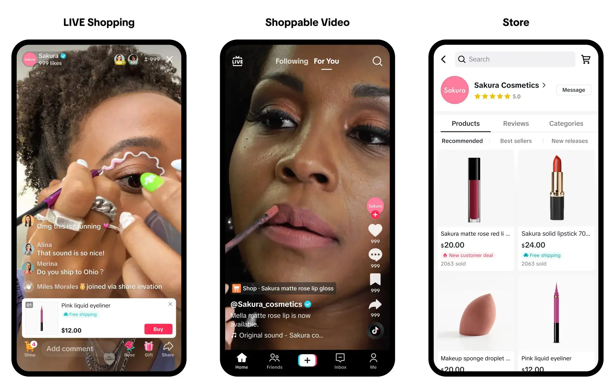 TikTok Shop features showing live shopping, shoppable video, and in-app store product listings on mobile screens