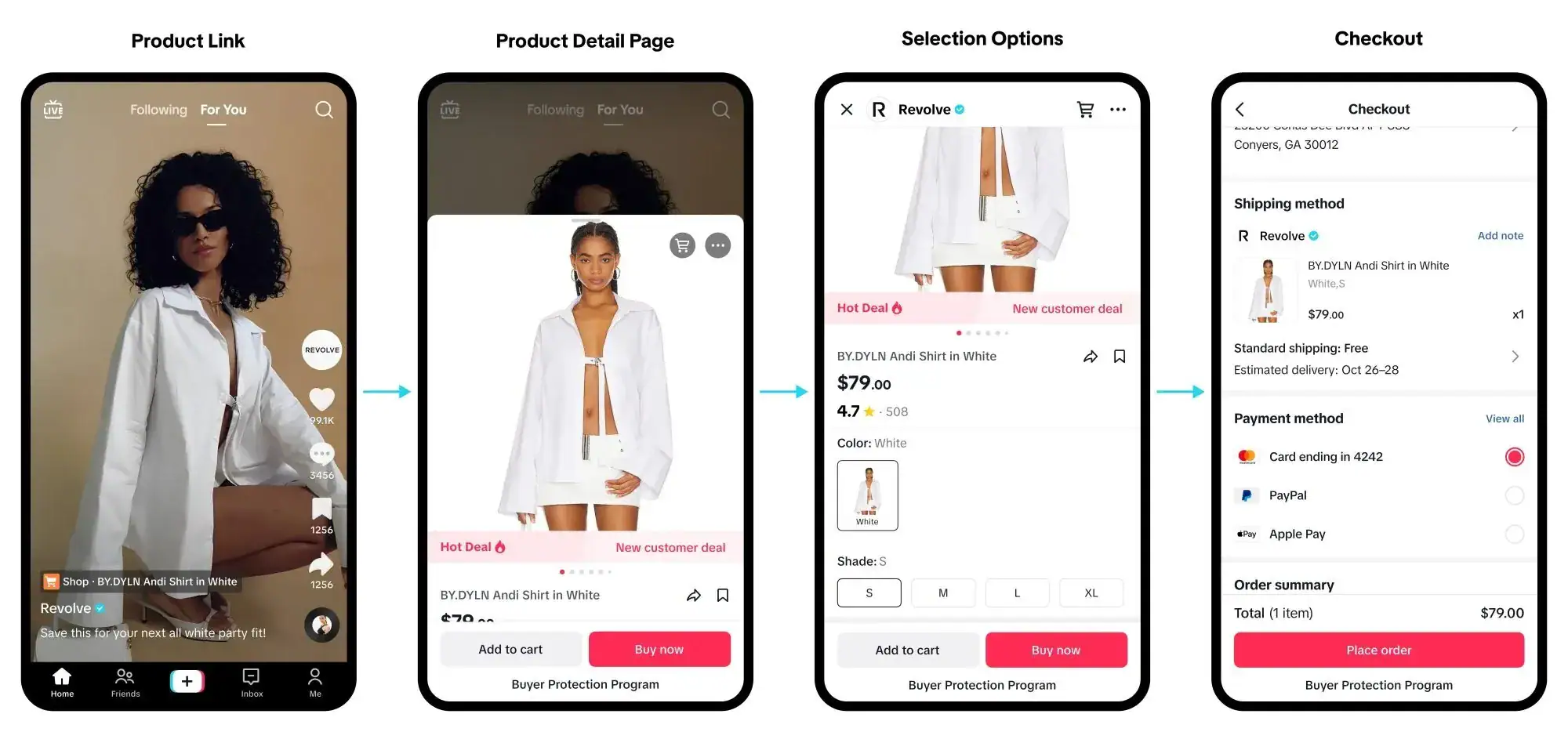 TikTok Shop purchase flow showing product link in video, product detail page, selection options, and in-app checkout on mobile