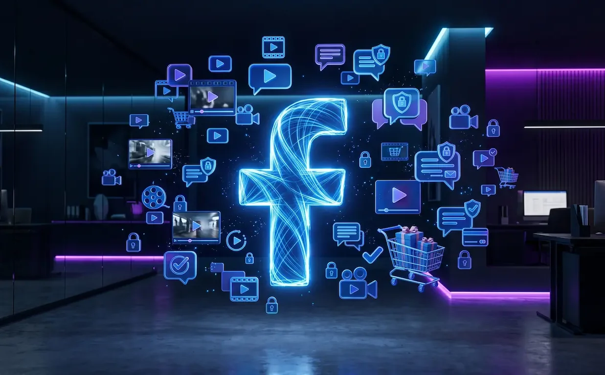 3D illustration representing Facebook's position among emerging social media and digital tech competitors.