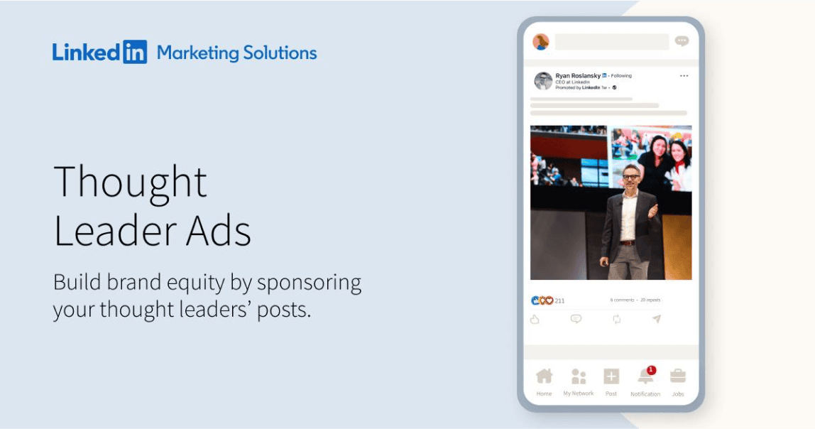 LinkedIn Marketing Solutions graphic promoting Thought Leader Ads with a smartphone mockup showing a sponsored LinkedIn post