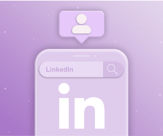 Illustration of a smartphone interface with the LinkedIn logo, search bar, and user profile icon