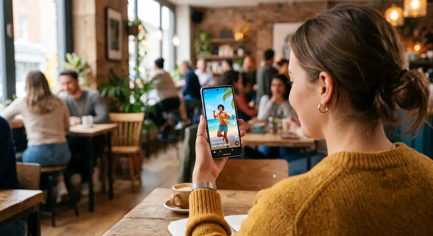 Person watching a short-form marketing video on a smartphone screen in a modern cafe