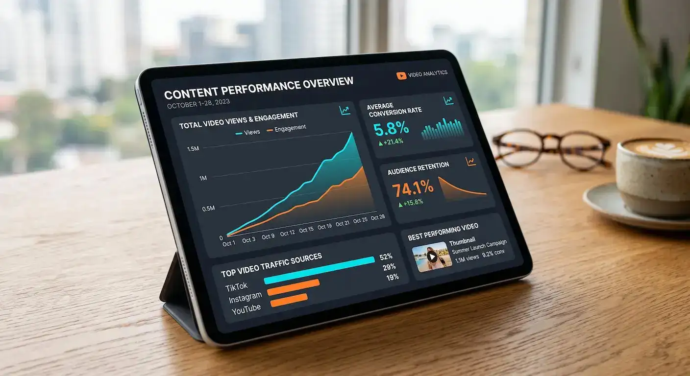 Tablet displaying upward trending social media video ROI and analytics dashboard