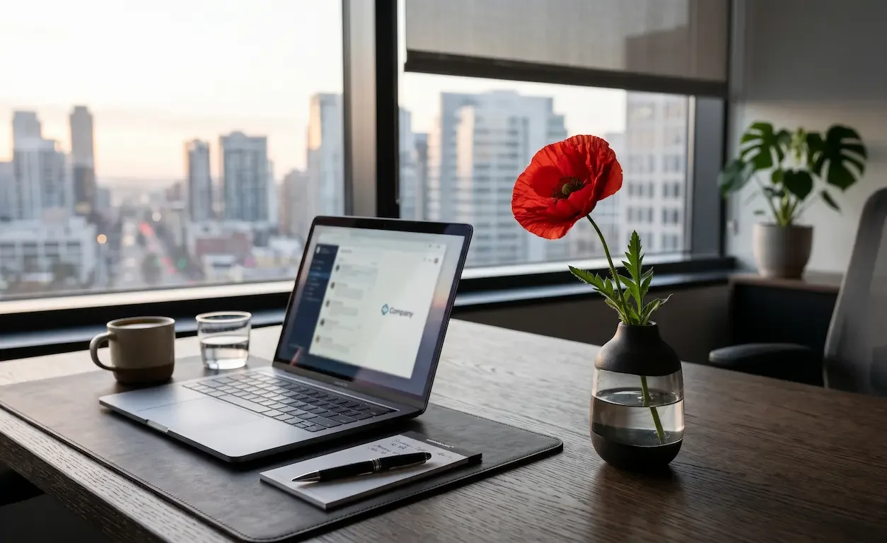 clean-workspace-with-subtle A clean workspace with a subtle, respectful nod to the holiday (e.g., a small folded flag or poppy).