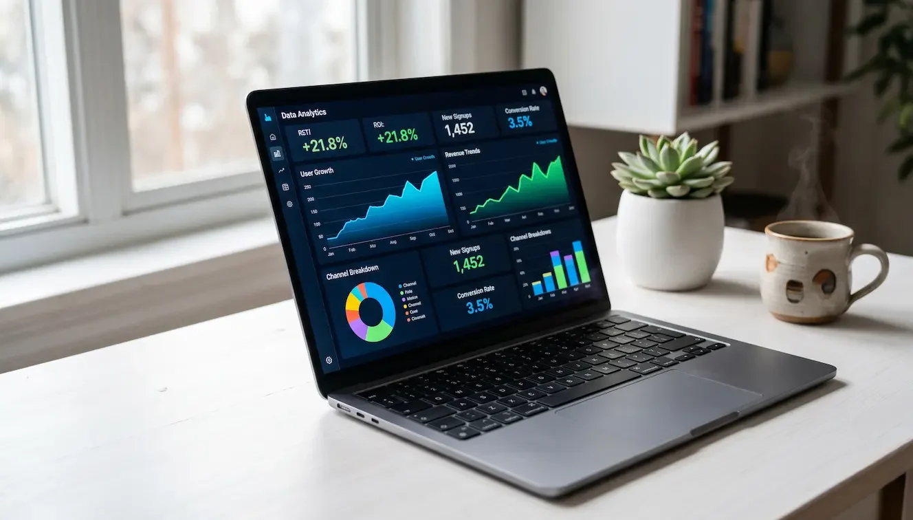 Modern digital analytics dashboard tracking social media marketing ROI